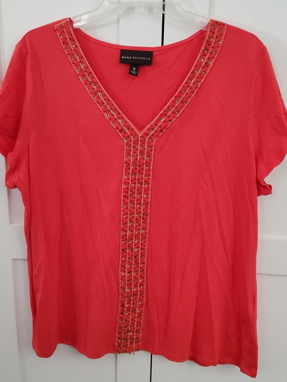 Dana Buchman Coral V-Neck Short Sleeve Top with Beaded Trim 60%cotton